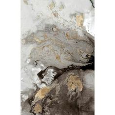 an abstract painting with gold and white paint on it's surface is shown in this image