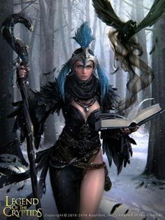 a woman with blue hair holding an open book in the snow while standing next to a bird