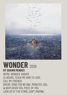 a poster with the words wonder written on it in front of an image of a person swimming