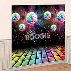 a room with a disco ball wall mural