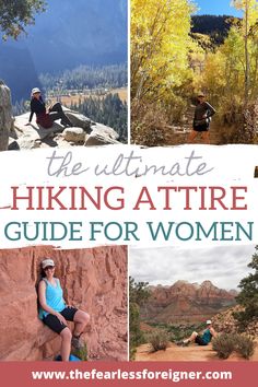 Hiking attire for women in different landscapes (On a rock // yellow aspen trees // against red rock canyon // Zion canyon) Hiking Spots, Hiking Tips