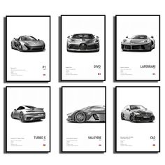 four black and white photographs of sports cars