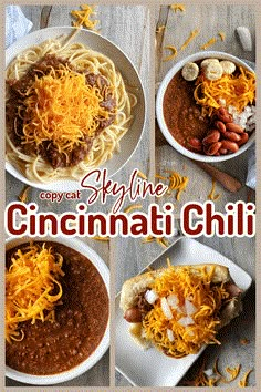 four pictures of different types of food in bowls with the words copycat skyline cincinnati chili