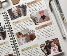 an open notebook with photos and writing on it