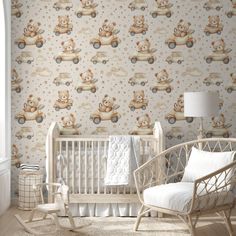 a baby's room with teddy bears on the wall, and a rocking chair