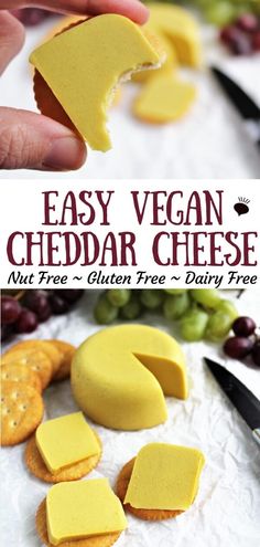 easy vegan cheddar cheese is cut in half and placed on top of crackers