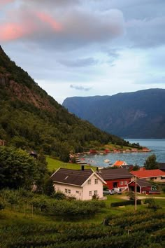 a small village on the side of a mountain next to a body of water with mountains in the background