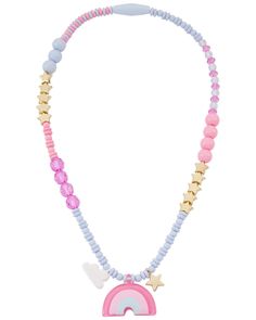 a pink and blue necklace with a rainbow charm