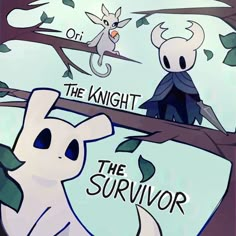 two cartoon animals sitting on top of a tree branch with the words the knight and the survivor above them