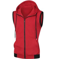 Sleeveless sweatshirt vest features pockets for you to keep your small items. A hoodie vest can be worn alone or paired with other garments like t-shirts or long-sleeved shirts for a daily look. Pair a hoodie vest with shorts, jeans, and casual trousers to create a different look. Hoodie vest is suitable for sports, camping, travel and daily wear. Sporty Cotton Vest For Winter, Cotton Sleeveless Vest With Drawstring Hood, Sleeveless Hoodie With Drawstring Hood For Fall, Casual Cotton Vest For Gym, Winter Cotton Sports Vest, Red Cotton Casual Sweater Vest, Sleeveless Hoodie For Winter Streetwear, Sleeveless Cotton Hoodie For The Gym, Casual Red Cotton Sweater Vest