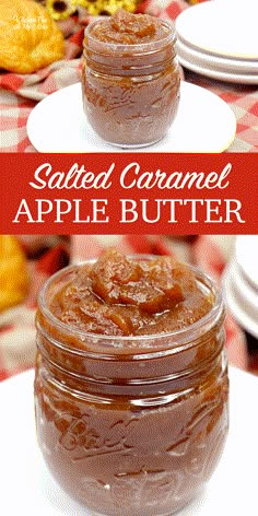 salted caramel apple butter in a jar on a white plate with red checkered tablecloth