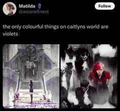 an image of two people standing in front of a building and the caption reads, the only colorful things on cattyns world are violets