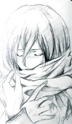 a drawing of a woman with her eyes closed and head wrapped in a scarf over her face