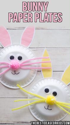 two paper plates with bunny faces on them and the words, easter crafts for kids