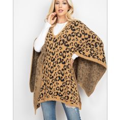 Leopard Print Fuzzy Knit Sweater Poncho High Stretch Soft & Comfortable V-Neck 50% Acrylic 50% Polyester 25" Long 40" Across Laid Flat I Am So Impressed With The Quality & Fit Of This Garment. I Had To Keep One For Myself. So Beautiful I Have More Than One If You Would Like To Purchase Multiple. Let Me Know And I Can Create A Reserved Listing. Tags: Fall Winter Loose Oversized Animal Print Leopard Print Cold Weather Business Casual Photoshoot Matching Outfits W#5 One Size V-neck Sweater For Fall, One Size Beige V-neck Sweater, Cozy One Size V-neck Sweater, Brown Batwing Sleeve Sweater For Fall, Brown Knit Poncho For Fall, Business Casual Photoshoot, Cold Weather Business Casual, Casual Photoshoot, Hand Knit Poncho