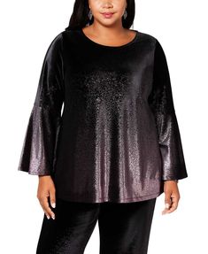 Wide, flowing sleeves bring a dramatic look and flattering coverage to this stunning plus size top from Alfani, in metallic velvet for rich elegance.
<ul>
 	<li>Crew neckline</li>
 	<li>Approx. model measurements: height: 5'10"; bust: 38"; waist: 34"; hips: 45"</li>
 	<li>Wide sleeves</li>
 	<li>Hits at hip</li>
 	<li>90% Polyester/10% Spandex</li>
 	<li>Velvet</li>
 	<li>Ombre</li>
 	<li>Metallic< Handkerchief Hem Top, Flowing Sleeves, Floral Chiffon Blouse, Velvet Blouse, Black Floral Top, Scoop Neck Blouses, Velvet Blouses, Dramatic Look, Long Shirt Dress