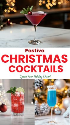 Festive holiday cocktails featuring a cranberry martini garnished with mint and cranberries, a red cocktail with lime and mint in a tall glass, and a sparkling blue champagne cocktail with a snowy rim. Perfect for Christmas parties, seasonal drink recipes, and festive cocktail inspiration. Sparkling Punch, Christmas Cocktail Recipes, Crowd Pleasing Recipes, Christmas Cocktail, Canadian Food, Cozy Evening