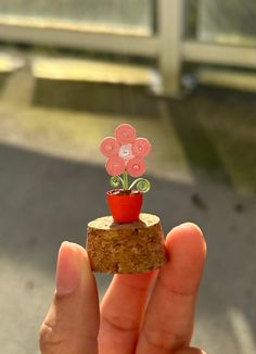 a person holding a tiny flower pot on top of a piece of wood in their hand