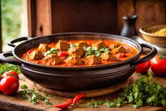 a large pot filled with food on top of a wooden table next to tomatoes and parsley