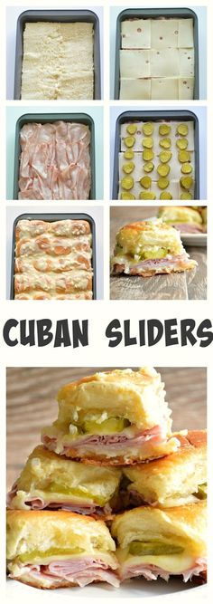 the steps to making cuban sliders are shown in different pictures, including one with ham and cheese on it