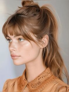 Chunky Fringe Bangs, Hair Bangs Style Ideas, Bangs Bridesmaid Hair, Short Bangs Ponytail, Best Haircuts For Glasses Wearers, 70s French Bangs, Long Bob Hairstyles Fringe, Middle Part Fringe Bangs, Haircuts To Grow Out Bangs