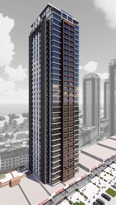 an artist's rendering of a tall building in the city