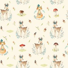 watercolor deer and mushrooms seamless background