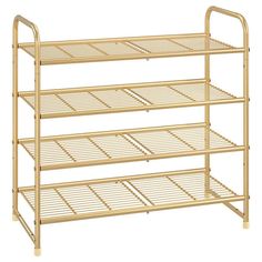 three tiered bamboo shelf with metal bars on the bottom and bottom shelves, gold