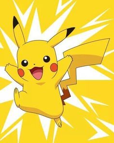 the pikachu is flying through the air with his arms out and eyes wide open