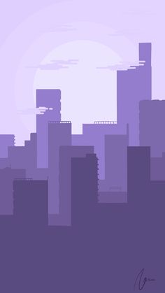 a purple cityscape with the sun in the background