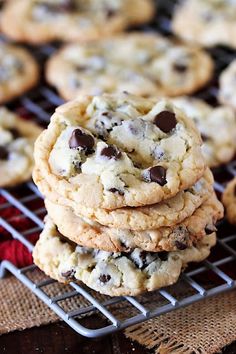 chocolate chip cookies cooling on a wire rack