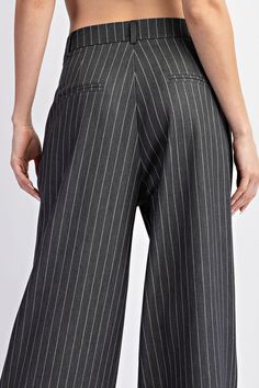 Pinstriped straight leg pants. Features: Button & zipper closure Belt loops Two side hip pockets Two back pockets Added pleats for detail Fabric: 80% Polyester 16% Viscose 4% Spandex PK11157 Strictly Business, Easy Day, Curvy Jeans, Capri Blue, Curvy Dress, Leg Design, Straight Leg Trousers, Cardigan Jacket, Vest Dress