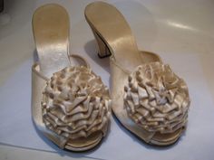 I love these shoes but i can't wear them...i prefer my slippers these days. they are size 6-6 1\/2 and are all off-white satin (more cream colored) with a fun frilly flower bow at the toes. they are made by daniel green and made in the u.s.a. and they are in great condition. the heels are 3" high and someone will love them more than me!!got questions just ask and happy shopping! Satin Slippers, Toe Slippers, Satin Shoes, House Slippers, Bridesmaids Gifts, White Satin, Classic Vintage, Marilyn Monroe, Vintage House