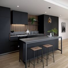 a kitchen with two stools next to an island in the middle of the room