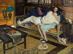 a painting of a woman laying on a couch next to a man in a library