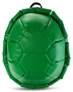 a green turtle shell shaped backpack on a white background with clippings to the side