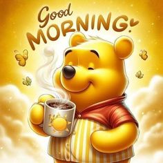 a winnie the pooh bear holding a cup of coffee