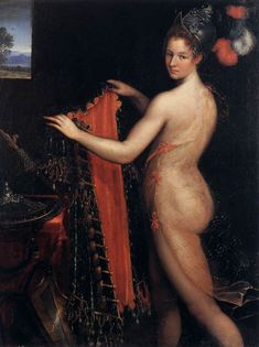 a painting of a woman with an orange dress holding a red shawl in her right hand