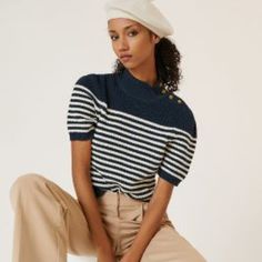 Maeve Nautical Puff Sleeve Sweater Tee Description: Short Sleeve Blue And White Striped Sweater With Gold Nautical Buttons. Color: Blue/White Material: 51% Cotton/34% Viscose/9% Acrylic/5% Nylon/1% Elastane Xs Chest: ~ 16 In Length: ~ 23 In S Chest: ~ 16.5 In Length: ~ 24 In White Nautical Short Sleeve Tops, Nautical Short Sleeve Beach Top, White Nautical Crew Neck Top, Blue Nautical Sweater, Nautical Sweater, Nautical Cotton T-shirt With Short Sleeves, Thermal Sweater, Navy Nautical Cotton T-shirt, Puff Sleeve Sweater