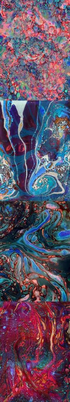 an abstract painting with blue, red and pink colors on it's water surface