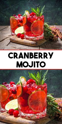 cranberry mojito with lime and rosemary garnish on the side