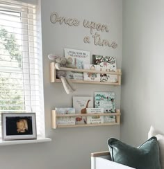 Nursery Decor Name Signs, Once Upon A Time Sign Nursery, Nursery Photo Wall Ideas, Once Upon A Time Wall Art, Once Upon A Time Nursery Sign, Baby Names On Wall In Nursery, Once Upon A Time Book Shelf, Neutral Nursery Wall Decor, Colourful Nursery Decor