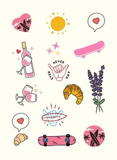 Surf And Wine Summer Sticker Pack. Simple Outline Drawings of Rose Wine, Surfboards, Shaka, Croissant, Sunset And More. Symbols of Love, Sun, Surfing And Chill. Symbols Of Love, Outline Drawings, Sticker Pack, Love Symbols, Stickers Packs, Skateboarding, Surfboard, Rose Wine, Surfing