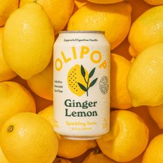 a can of ginger lemon sparkling tonic on top of a pile of lemons in the background