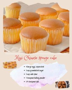 an advertisement for mini chinese sponge cakes on a plate with other pastries in the background