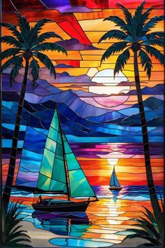 a stained glass window with a sailboat on the water and palm trees in the background