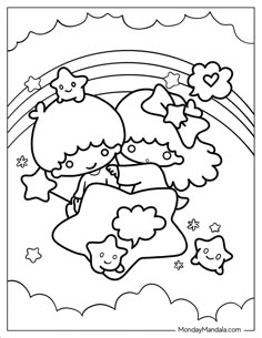 a coloring page with two cartoon girls and a rainbow in the sky, one girl is holding