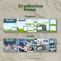 an advertisement for graduation dump with photos and text