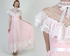 Vintage 70s country saloon wedding dress. Tailored bodice with lace overlay and pink lining Gathered fitted waist with long tiered and sweeping skirt. White swiss dot nylon/lace material. Dress is lined and zips up the back.  size estimate: S shoulders: draped bust: 34" waist: 25" hips: - total length: 57.5" * Visit the shop * https://www.etsy.com/shop/americanarchive Model is 5'9" Belts and other accessories are not included. Vintage Pink Dresses, Doll Outfits Aesthetic, Saloon Wedding, Vampire Ideas, 70s Country, Hip Jewelry, Western Gown, Dolly Dress, Doll Aesthetic