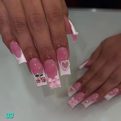 Long Length Cherry Bow French Press On Nail Kit Pink Nails With Bow Charm, Cherry And Bow Nails, Cherry Nails Charm, Cherry Bow Nails, Nails With Gummy Bear Charms, Hello Kitty Press On Nails, Cherry Charm Nails, Nails With Cherries, Cherry Acrylic Nails